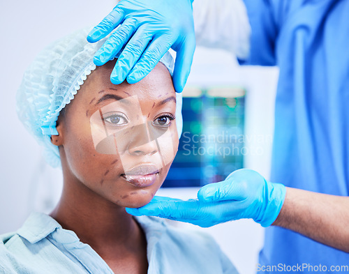 Image of Black woman, patient and hands, plastic surgery and face with doctor, health and medical consultation with beauty. Help, medicine and cosmetic procedure, exam and healthcare with people at hospital