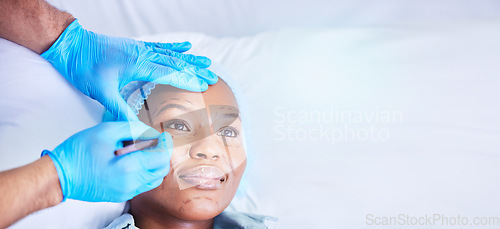 Image of Plastic surgery, needle and black woman on a hospital bed with dermatology with mockup space. Surgeon, facial change and medical filler for skincare, cosmetics and wellness in a clinic with doctor