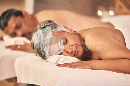 Image of Relax, massage and mature couple in spa for holiday, vacation and marriage anniversary for wellness. Love, luxury resort and man and woman in salon for beauty, therapy and skincare treatment in hotel