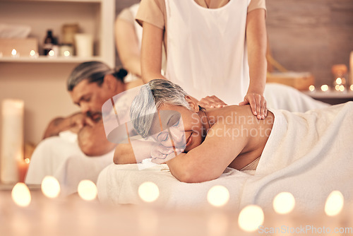 Image of Luxury, massage and zen with old couple in spa for vacation, relax and beauty salon. Peace, wellness and holiday with senior woman and man in hotel villa for retirement, oil treatment and body care