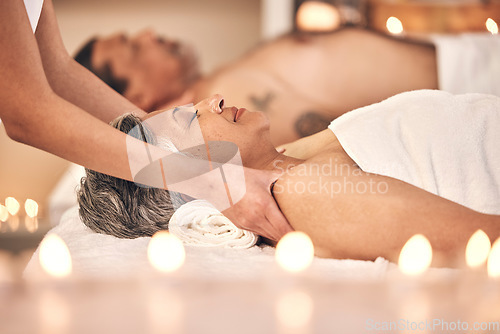 Image of Relax, massage and wellness with old couple in spa for vacation, luxury and beauty salon. Peace, zen and holiday with senior woman and hands in hotel villa for retirement, oil treatment and body care