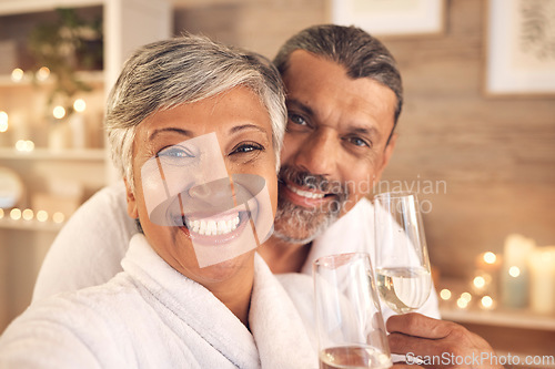 Image of Selfie, champagne and portrait with old couple in spa for anniversary, celebration or social media. Relax, massage and profile picture with senior man and woman in villa for luxury, vacation or peace