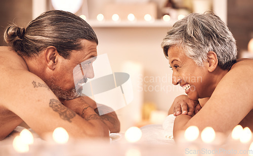 Image of Happy, massage and couple relax in spa for holiday, vacation and anniversary celebration. Retirement, luxury resort and mature man and woman in hotel for beauty, wellness and skincare treatment