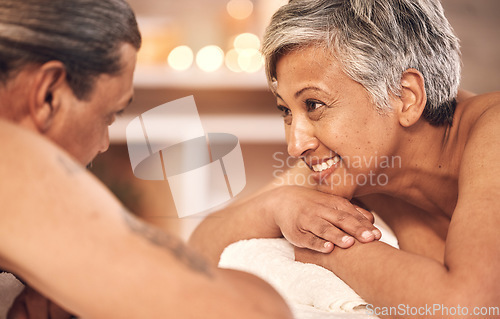 Image of Romance, massage and couple relax in spa for holiday, vacation and anniversary celebration. Retirement, luxury resort and mature man and woman in salon for beauty, therapy and skincare treatment