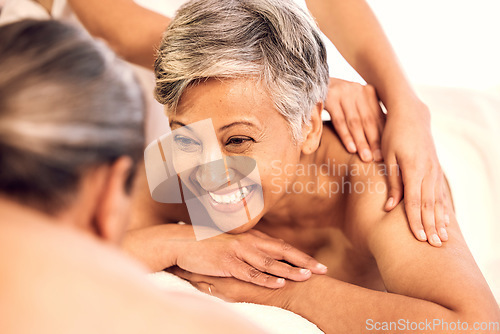 Image of Spa, relax and couple on massage table for luxury, resort and vacation with stress relief, zen and anniversary. People, mature man and senior woman with happiness, holiday and body care with wellness