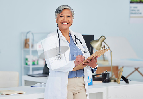 Image of Smile, doctor and checklist with portrait of woman in hospital for consulting, medical and pharmacy. Healthcare, medicine and happy with mature person for wellness, therapist and life insurance