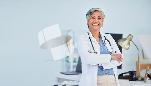 Image of Arms crossed, doctor and space with portrait of woman in hospital for consulting, medical and pharmacy. Healthcare, medicine and happy with mature person in clinic for wellness, therapist and mockup