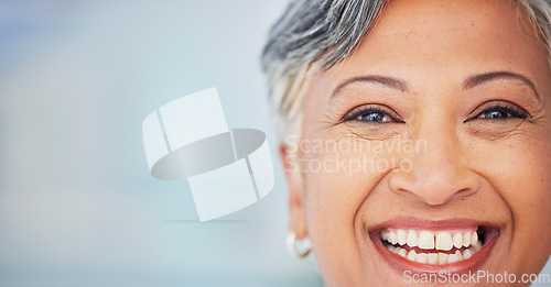 Image of Happy, banner and portrait of a mature woman with confidence, corporate career and professional. Smile, headshot and a manager, ceo or boss with mockup space for company information or about us