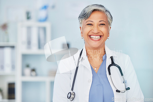 Image of Smile, doctor and space with portrait of woman in hospital for consulting, medical and pharmacy. Healthcare, medicine and happy with mature person in clinic for wellness, therapist and life insurance