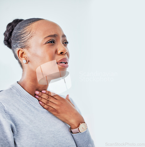 Image of Sick, mockup and black woman with sore throat in studio for influenza, cold or allergies on white background. Cough, tuberculosis and African lady with chest, infection or breathing, lung or problem