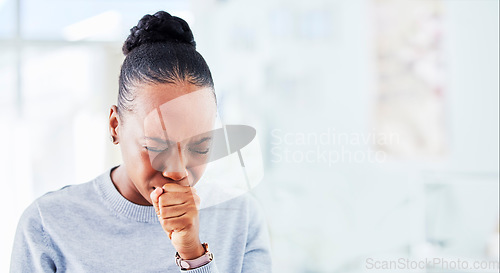 Image of Sick, cough and black woman with sore throat at home for influenza, cold or allergies on wall background. Coughing, tuberculosis and African lady with chest, infection or breathing, lung or problem