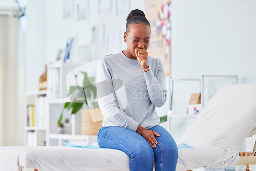 Image of Black woman, sick and throat infection on bed at hospital waiting for doctor in checkup, visit or appointment. Frustrated African female person or patient with sore neck, virus or cough at the clinic