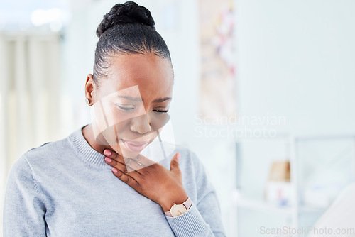 Image of Sick, chest and black woman with sore throat at home for influenza, cold or allergies on wall background. Cough, tuberculosis and African lady choking, infection or breathing, lung or problem