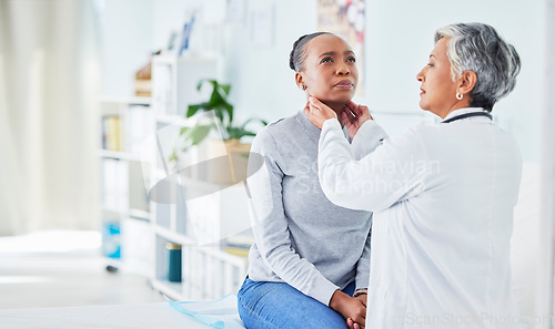 Image of Doctor, patient and feel throat in hospital of a black woman with virus, pain or infection. Health care worker and sick person check glands or sore neck for thyroid, tonsils or medical lymph nodes