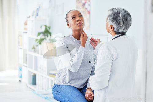 Image of Doctor, patient and hospital for sore throat of woman with virus, pain or infection. Health care worker and sick African person to check neck for thyroid, tonsils or respiratory medical consultation