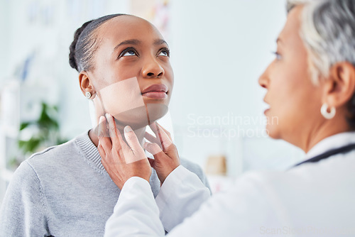 Image of Sore throat, doctor and woman patient in hospital for virus, pain or infection. Healthcare worker and sick African person check neck for thyroid exam or respiratory care at medical consultation