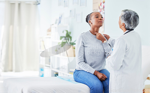 Image of Black woman, doctor and patient with throat infection, consultation or checkup at the hospital. Sick African female person with sore neck, injury or virus in appointment with healthcare professional