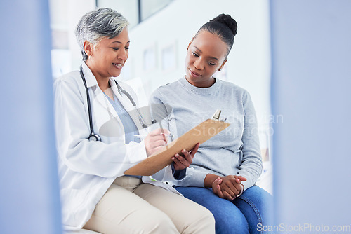 Image of Doctor, women and checklist in healthcare support, hospital services and patient history, charts or results. Senior nurse writing on clipboard for registration, clinic sign up or medical consultation