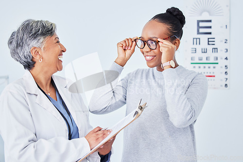 Image of Vision, glasses and optometrist, clipboard and black woman patient, health insurance and prescription lens with frame. Eye care, exam and diagnosis with assessment, paperwork and choice with help