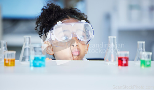 Image of Science, learning and surprise with child in laboratory for experiment, education and research. Future, funny and knowledge with face of young girl and chemicals for results, medicine and analysis