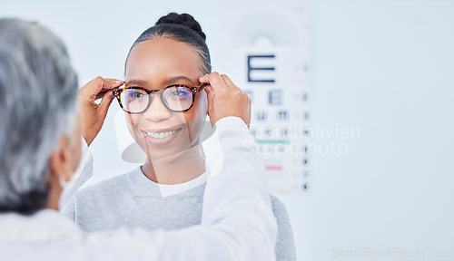 Image of Vision, glasses choice and optometrist with black woman patient, healthcare and prescription lens with frame at clinic. Eye care, exam and diagnosis with assessment, health and wellness with help