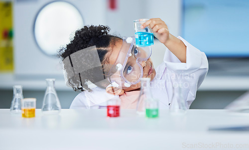 Image of Science, learning and research with child in laboratory for experiment, education and health. Future, study and knowledge with face of young girl and chemicals for results, medicine and analysis