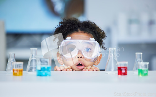 Image of Science, learning and portrait of child in laboratory for experiment, education and research. Future, study and knowledge with face of young girl and chemicals for results, medicine and analysis