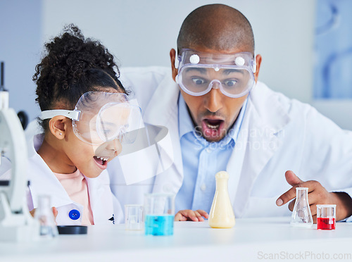 Image of Happy, father and girl with chemistry experiment, education and learning with wow, excited and school. Family, male parent or child with science, project and medical research with knowledge and omg