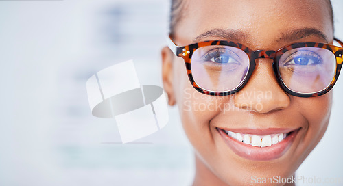 Image of Face, black woman and glasses in ophthalmology, smile and vision in healthcare for wellness in hospital. Portrait, frame and African person in eyewear, lens or prescription spectacles on mockup space