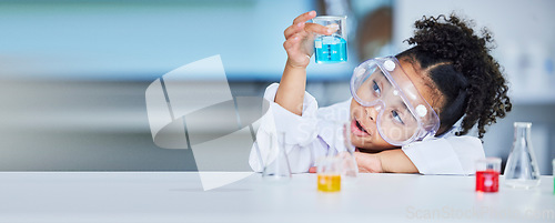 Image of Chemistry, science and a child with liquid for research, futuristic innovation or project for education. Surprise, physics and a girl or young scientist with a test to study water for learning