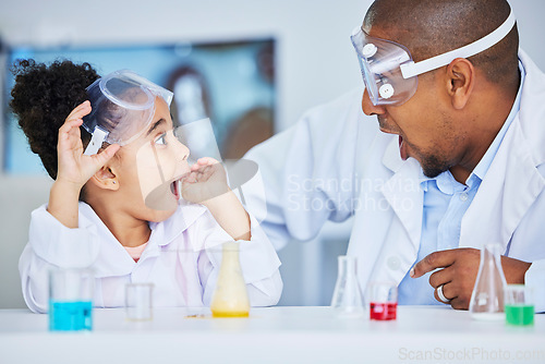 Image of Wow, father and girl with chemistry experiment, knowledge and learning with omg, excited and school. Family, male parent and child with science project, surprise and medical research with education