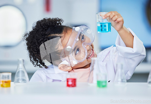 Image of Science, learning and happy with child in laboratory for experiment, education and research. Future, study and knowledge with face of young girl and chemicals for results, medicine and analysis