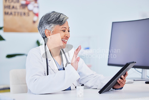 Image of Hello, woman and doctor with a tablet, video call and connection with healthcare, greeting and medical advice. Wave, employee and medical professional with technology, support and online consultation