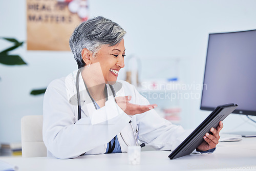 Image of Smile, woman and doctor with a tablet, video call and connection with healthcare, help and meeting. Webinar, happy employee and medical professional with tech, medical advice and online consultation