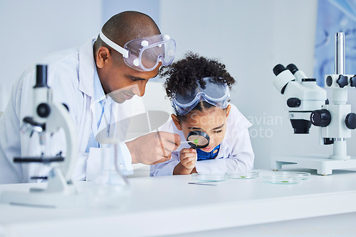 Image of Lab work, father and child with magnifying glass for learning, research and science study. Scientist, student and chemistry project with dad and young girl with medical and laboratory analysis