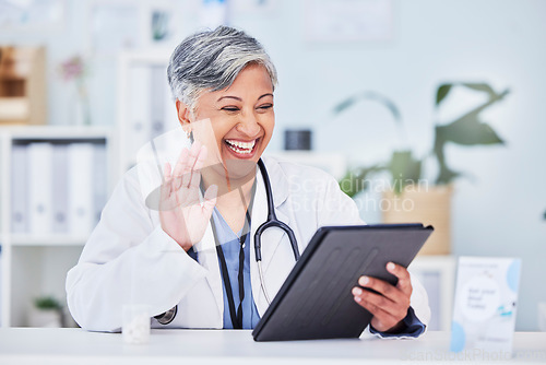 Image of Wave, woman and doctor with a tablet, video call and telehealth with online consultation, help and support. Happy person, employee or medical professional with technology, advice and healthcare