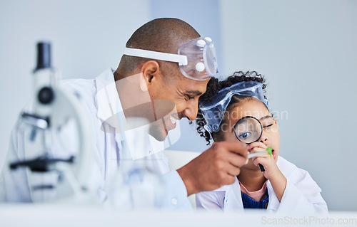 Image of Lab study, father and child with magnifying glass for plant learning, research and science. Scientist, student and chemistry project with a happy dad and young girl with medical education analysis