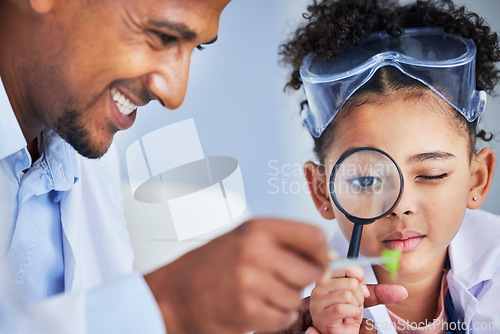 Image of Lab test, father and child with magnifying glass for learning, research and science study. Scientist, student and chemistry project with a happy dad and young girl with medical and laboratory analysi