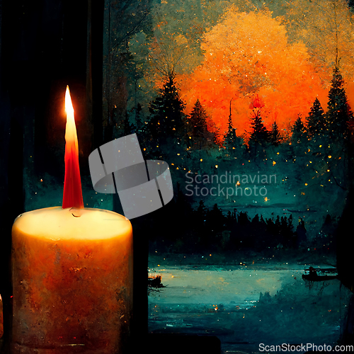 Image of Three candles with warm atmosphere. Candlelight Christmas card t