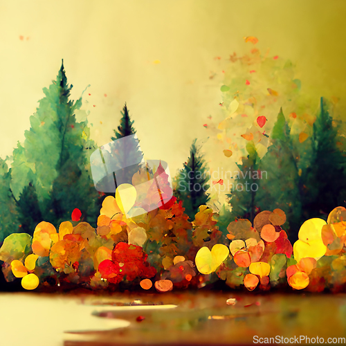 Image of Autumn forest landscape. Colorful watercolor painting of fall se