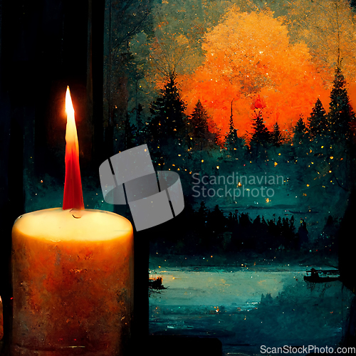 Image of Three candles with warm atmosphere. Candlelight Christmas card t