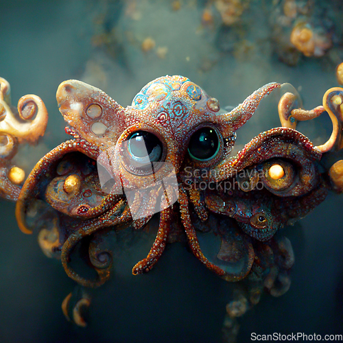 Image of Funny cartoon octopus. Digtal generated illustration. Marine lif