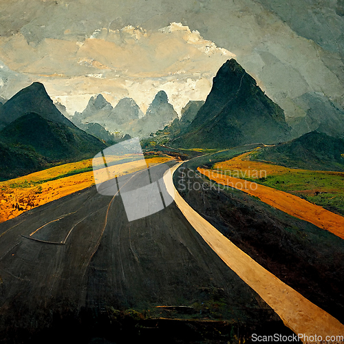 Image of Road to the great mountain. A long road leading towards a snow c