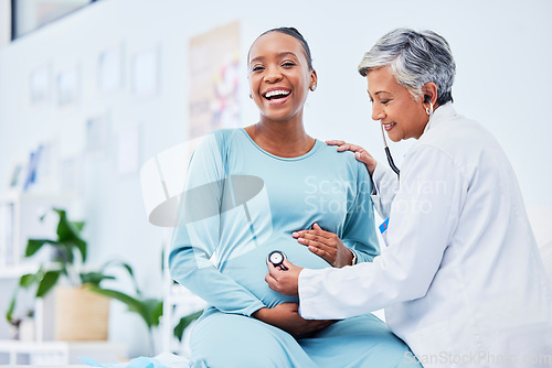 Image of Doctor, woman portrait and heart rate pregnancy in a hospital with mama and baby care. Wellness, abdomen and pregnant healthcare with nurse and medical chart of a clinic check for health of a mother