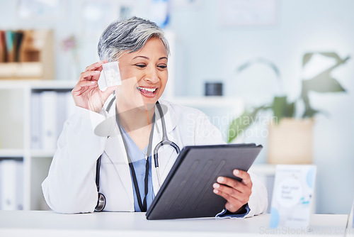 Image of Pills, woman and doctor with a tablet, video call and connection with healthcare, advice and support. Discussion, employee and medical professional with technology, medication and online consultation