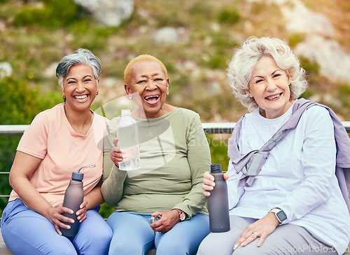 Image of Senior women, fitness or portrait of friends in outdoor activity together for health or exercise in retirement. Support, diversity or happy elderly people drinking water to relax on break in training