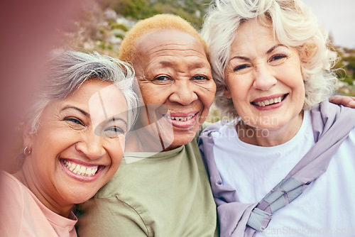Image of Senior women, fitness or selfie portrait of friends in outdoor activity together for health or exercise in retirement. Face photo, diversity or happy elderly people take pictures on break in training