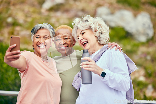 Image of Senior women, fitness or selfie of people on social media together for outdoor exercise in retirement. Photo, diversity or happy elderly friends hiking to take pictures on break in training in park