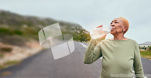 Image of Road, fitness or black woman drinking water in fitness training, workout or exercise for health. Mature, runner or tired senior person with bottle for liquid hydration or energy in street to relax