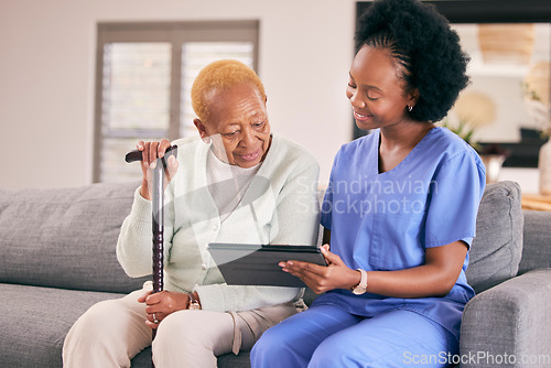 Image of Tablet, caregiver and senior woman on sofa to browse internet, telehealth and website together. Retirement, nursing home and nurse with elderly person on digital tech for medical result or report